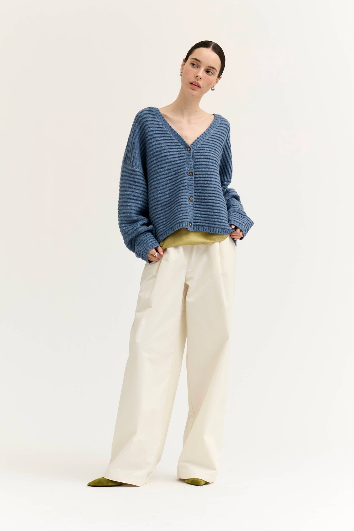 Dusty Blue Textured V-Neck Cardigan