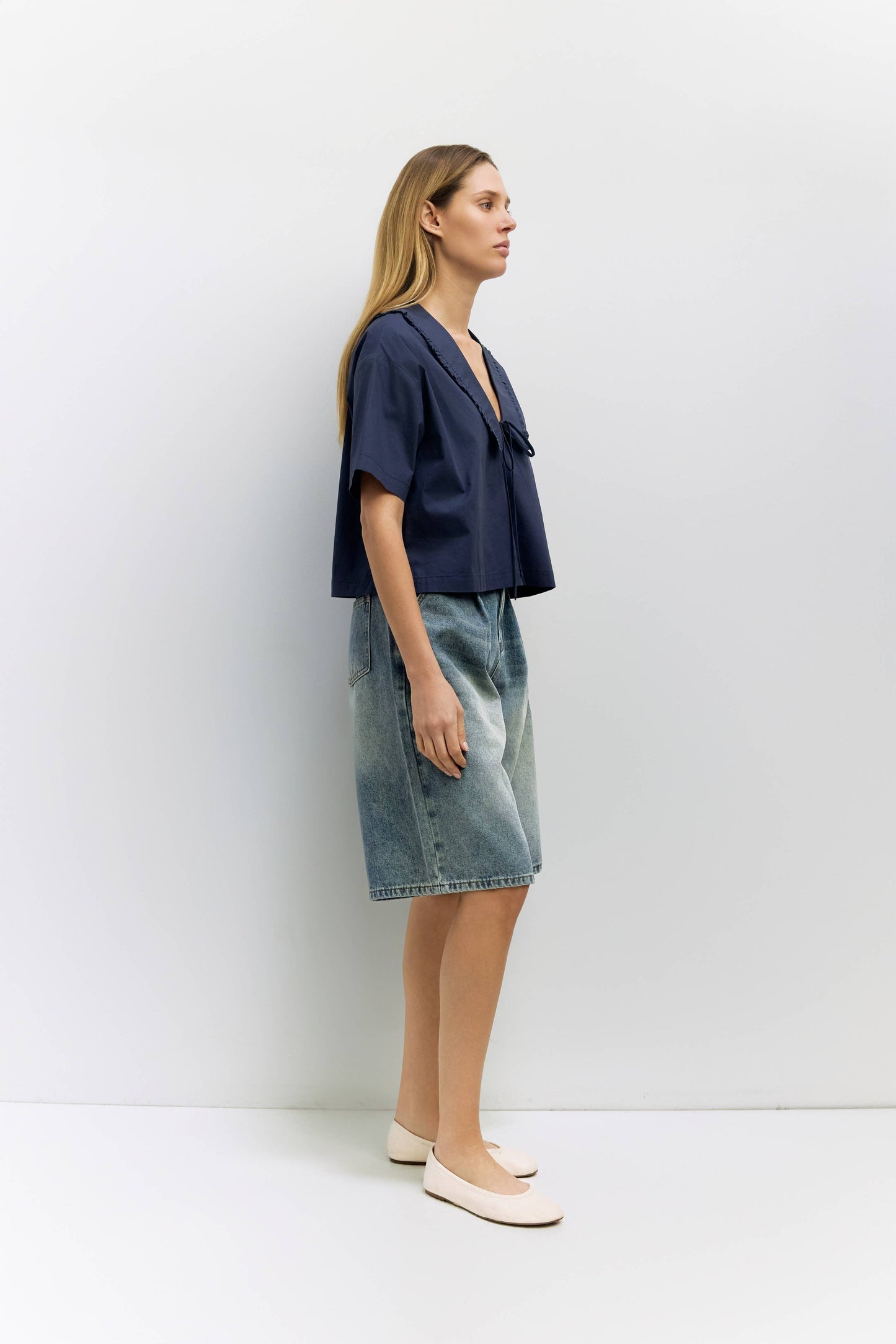 Poplin Lace Trim V Neck Boxy Top