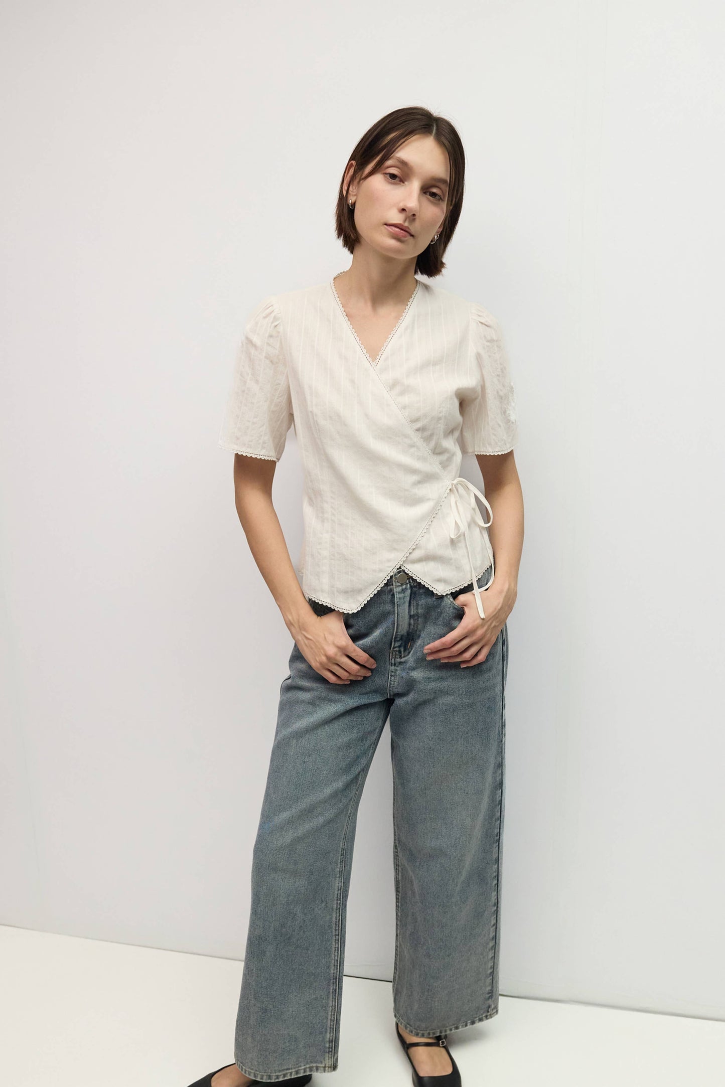White Embossed Stripe Cotton Wrap Blouse