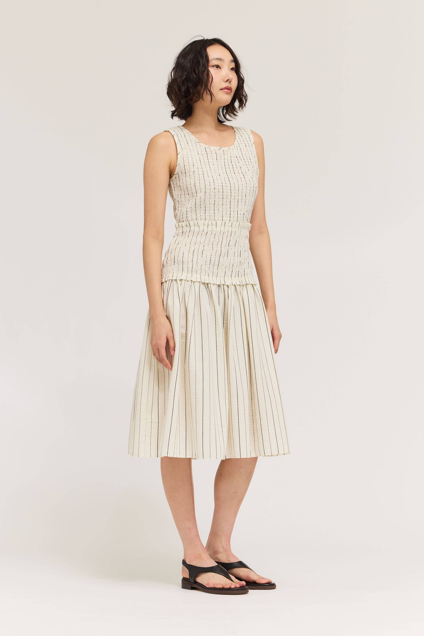 Cream Smocked Bodice Stripe Dress