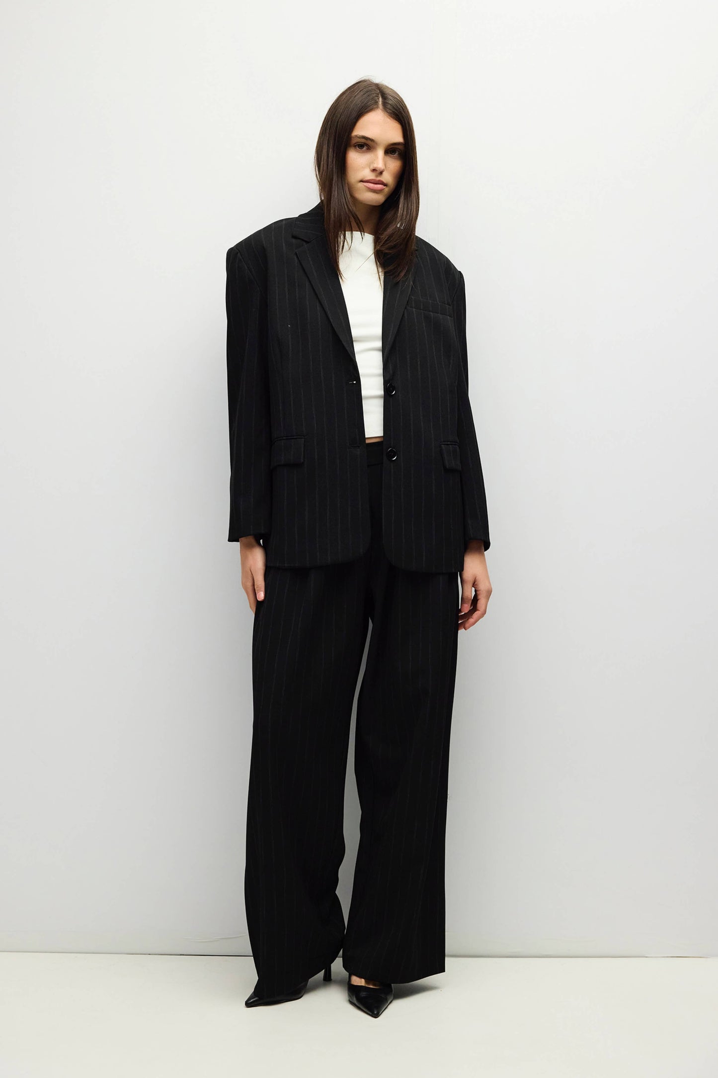 Black Pinstripe Pleated Wide Leg Pants