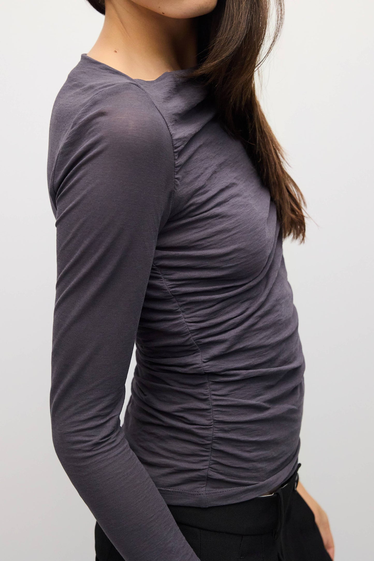 Charcoal Wide Neck Pleated Knit Long Sleeve