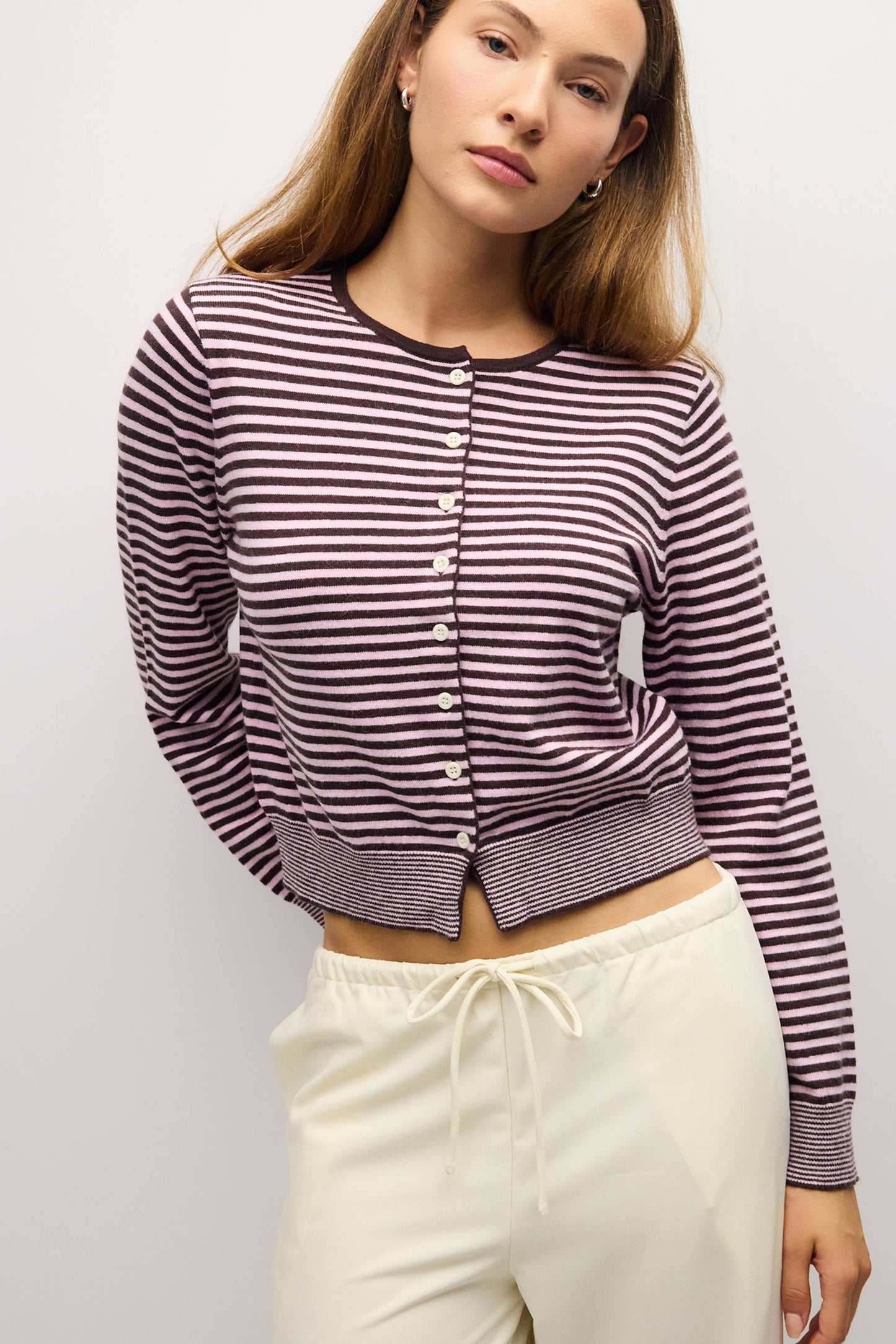 Striped Button Down Round Neck Cardigan