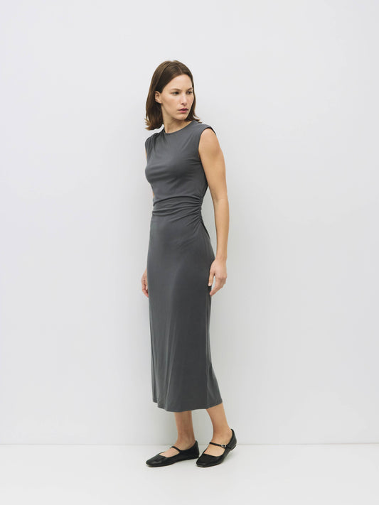 Charcoal Shirred Knit Midi Dress