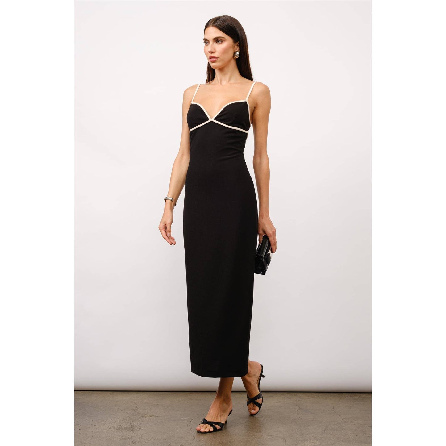 Black Crepe Maxi Dress with Contrast Trim