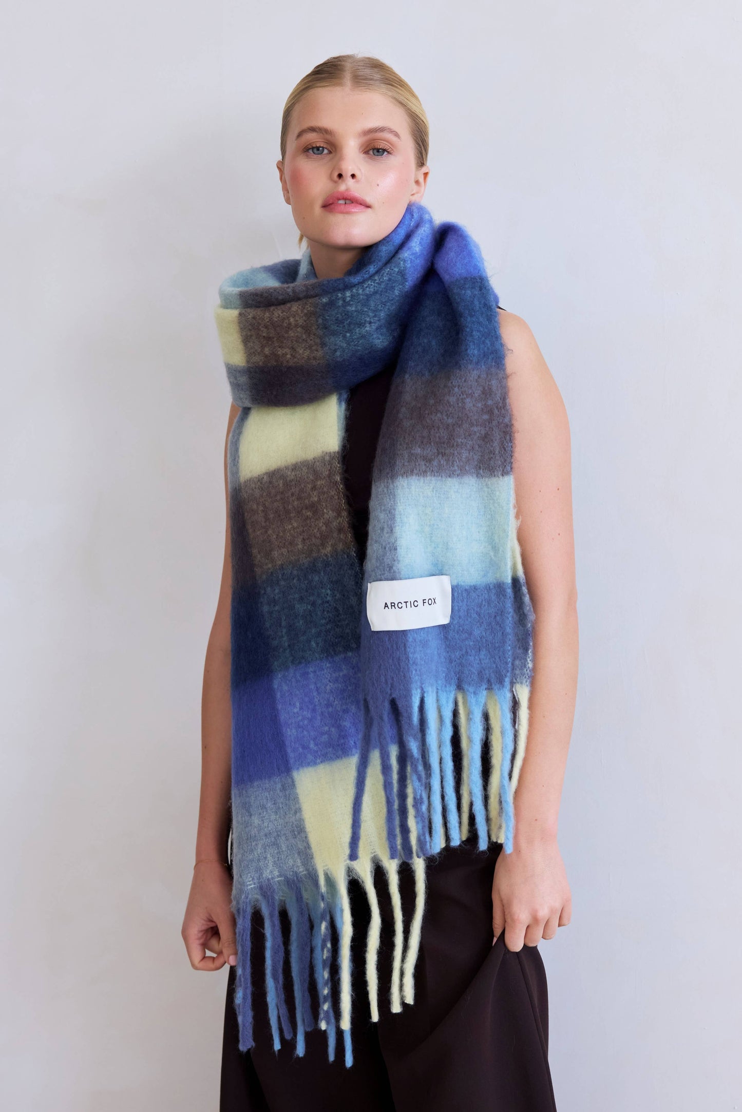 Blue Yellow Brushed Plaid Oversized Scarf