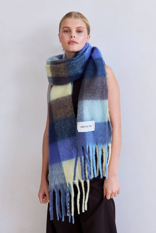 Blue Yellow Brushed Plaid Oversized Scarf
