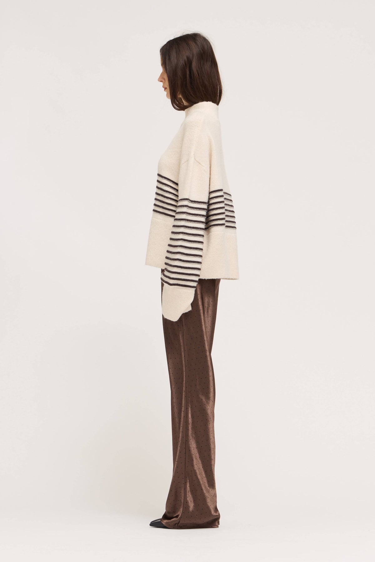 Cream Striped High Neck Sweater