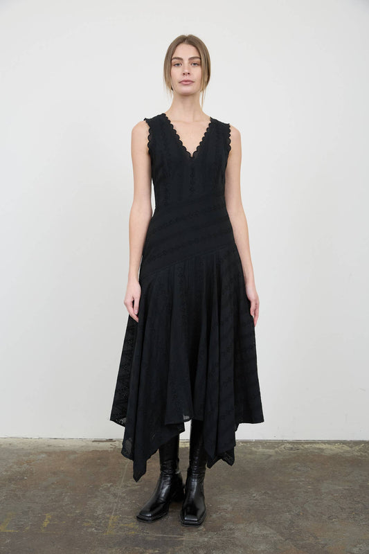 Black Stripe Eyelet Handkerchief Hem Midi Dress
