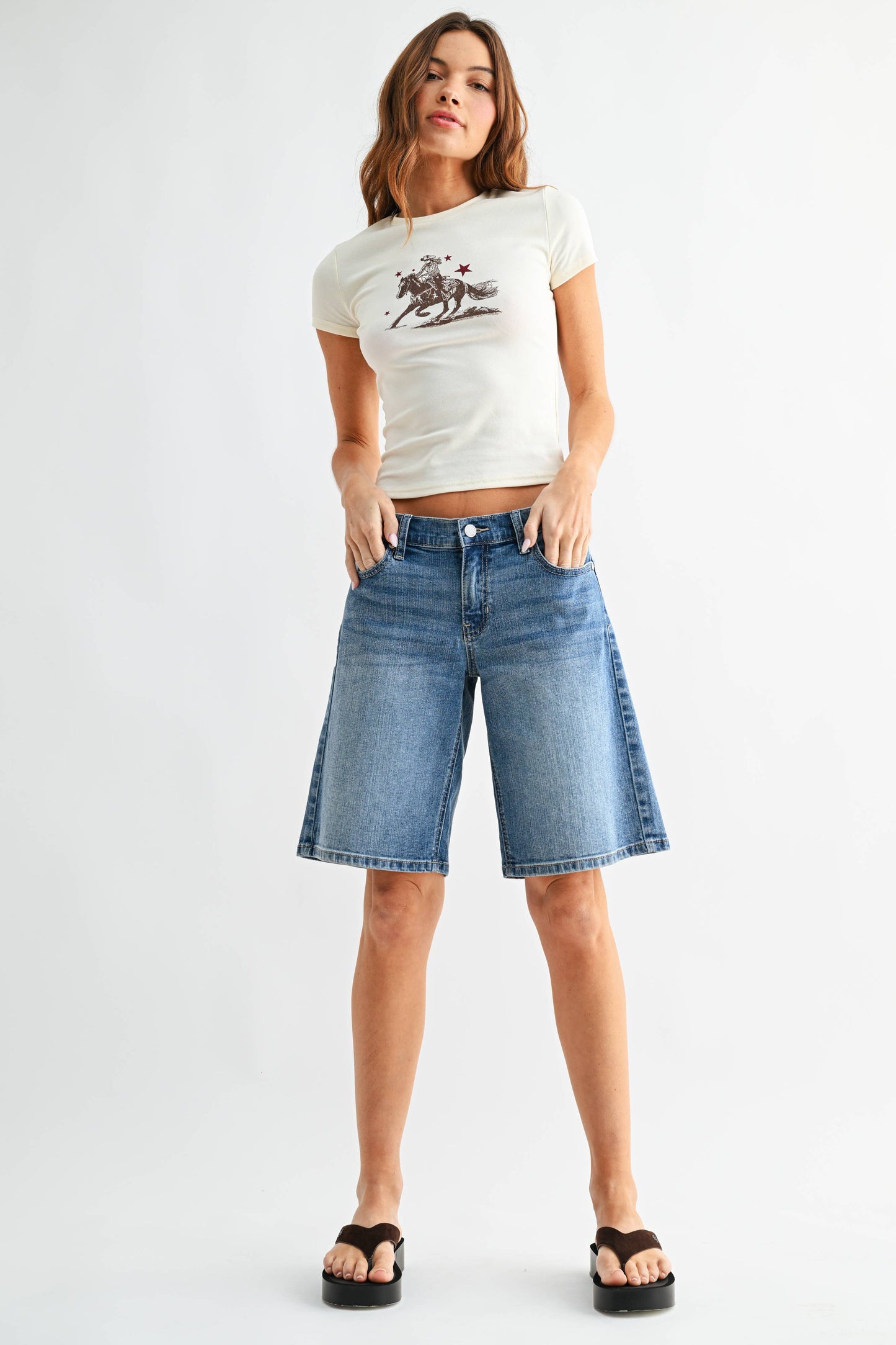 Low Rise Medium Wash Long Short