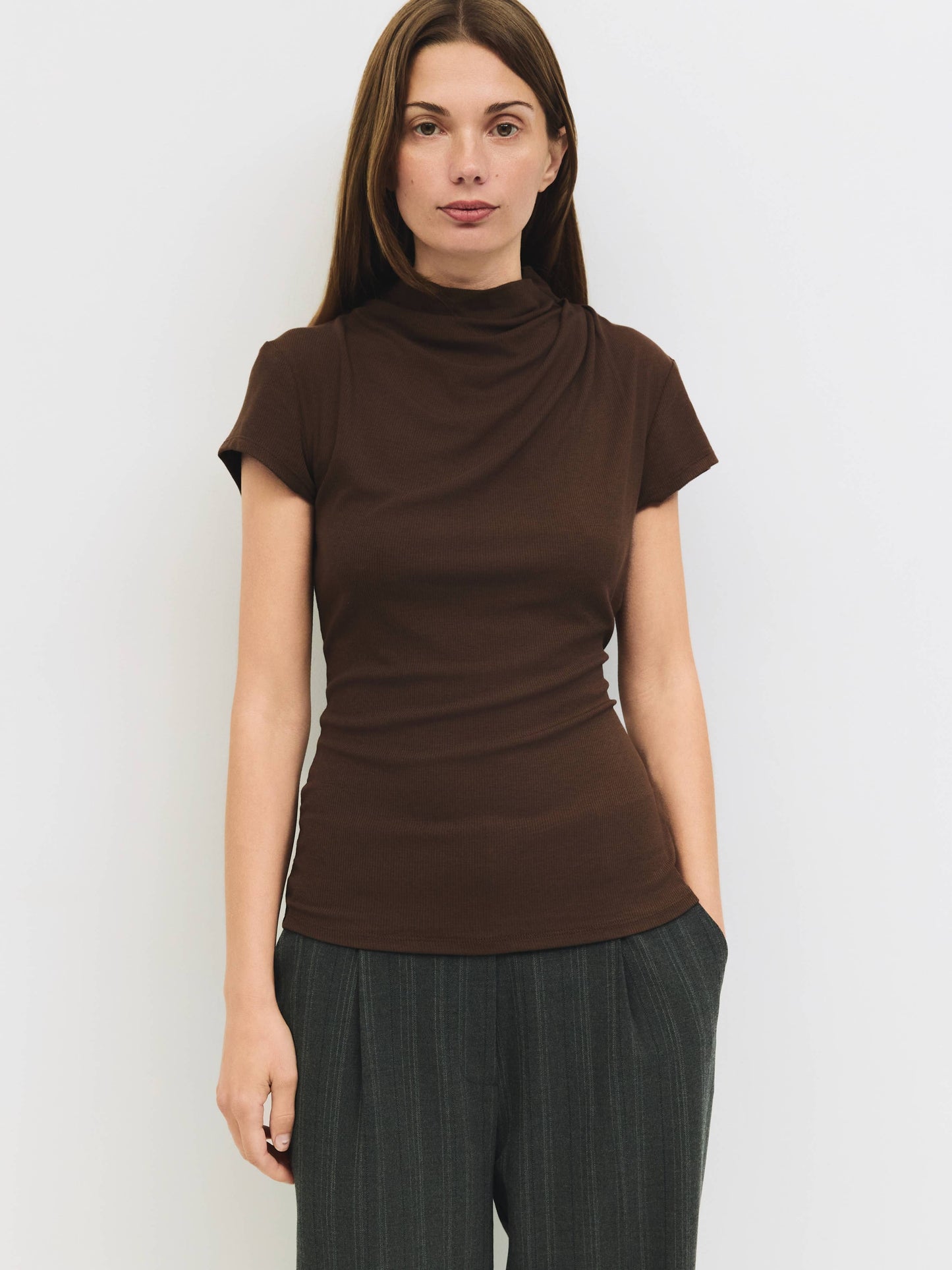 Cap Sleeve Mock Neck Gathered Top