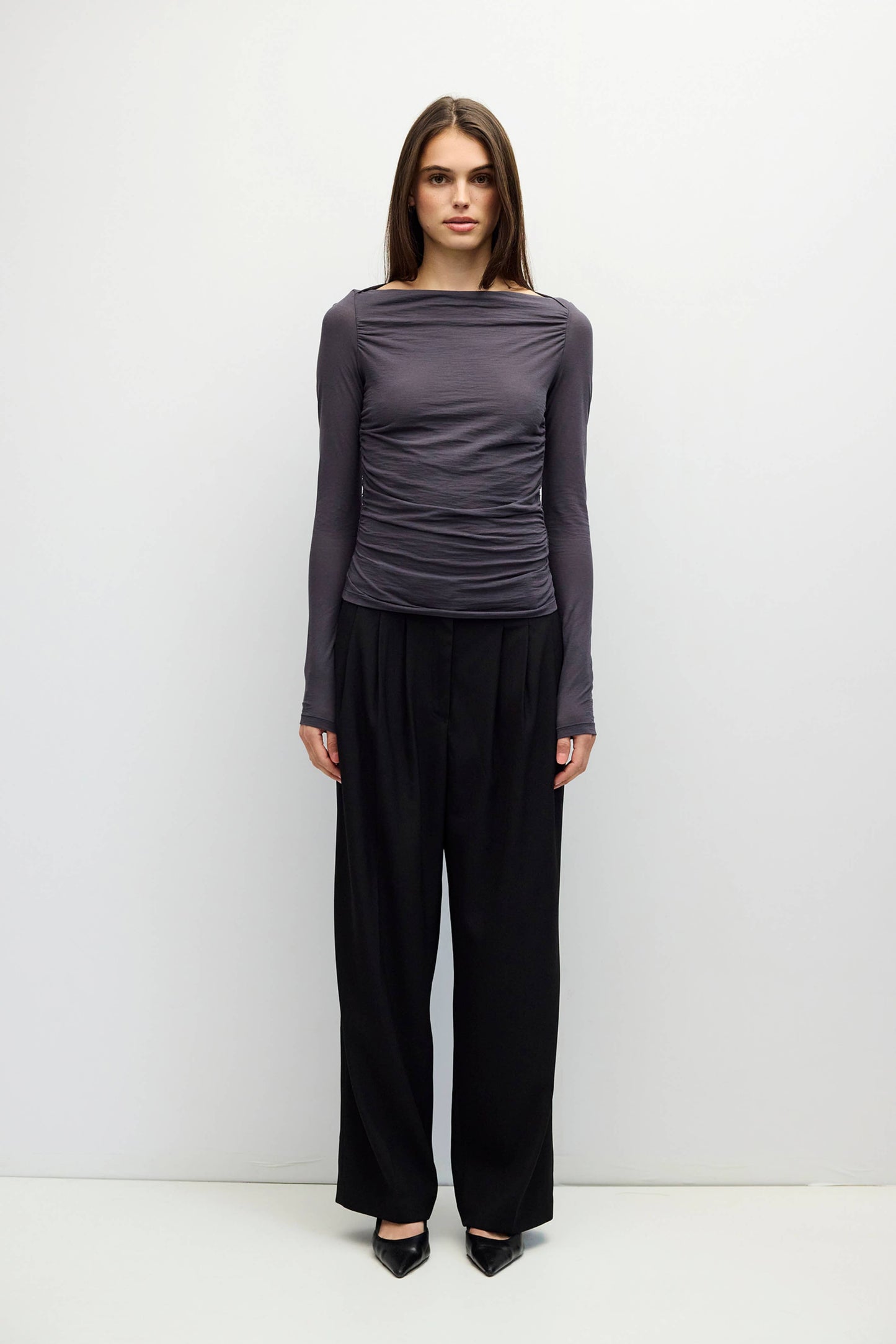 Charcoal Wide Neck Pleated Knit Long Sleeve