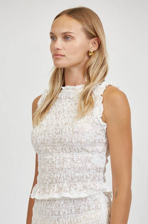 White Lace Smocking Sleeveless Top