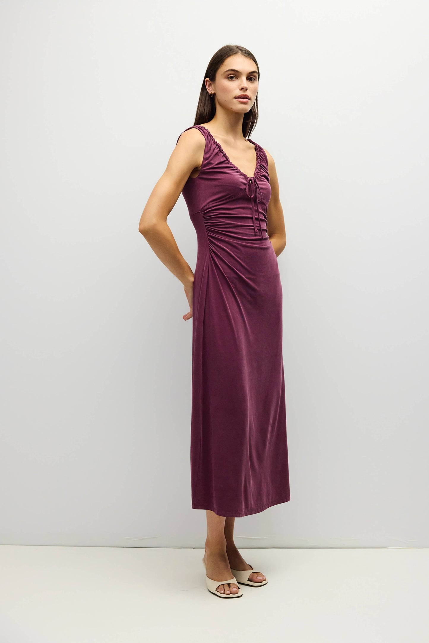 V-Neck Ruched Knit Midi Dress