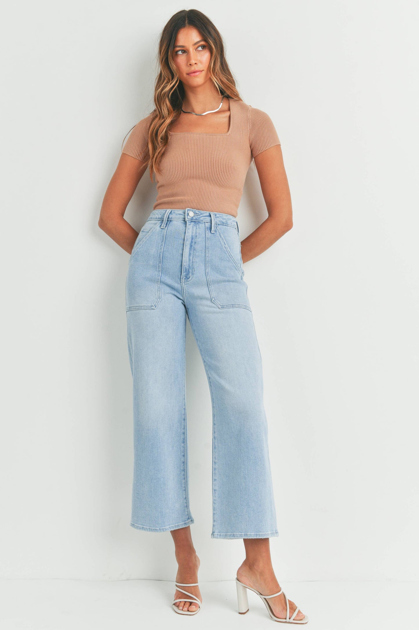 Light Wash Utility Pocket High-Rise Wide Leg Jean