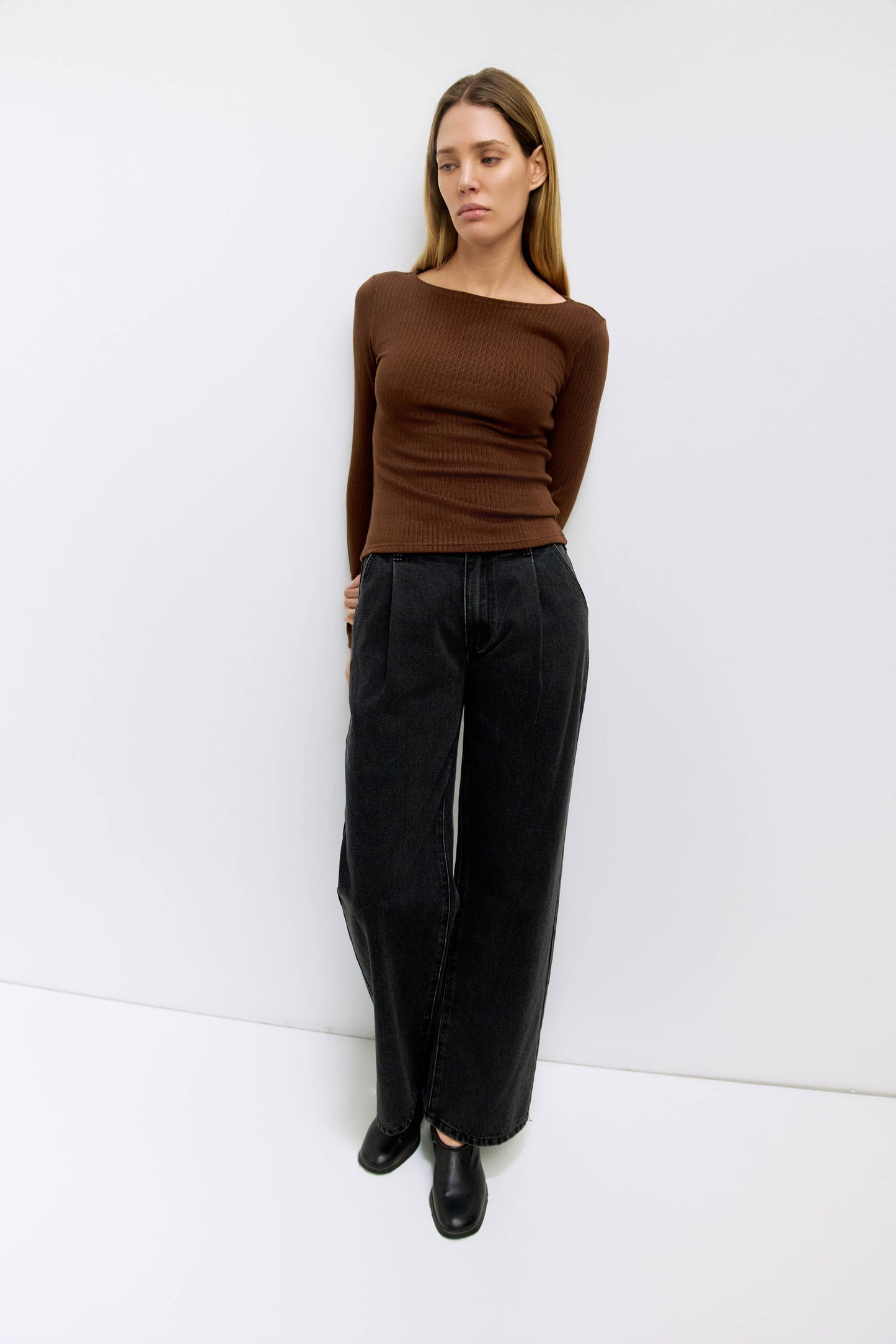 Brown Ribbed Wide Neck Flare Sleeve Top