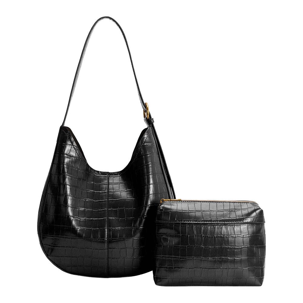 Black Crocodile Vegan Leather Shoulder Bag