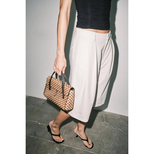 Cream Pleated Suiting Wide Leg Bermuda Shorts