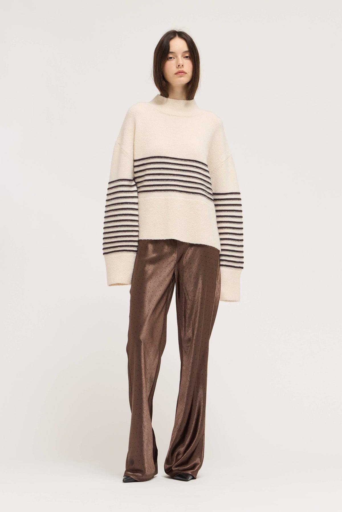 Cream Striped High Neck Sweater