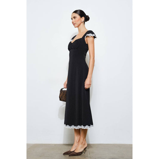 Black Polka Dot Lace Trim Midi Dress