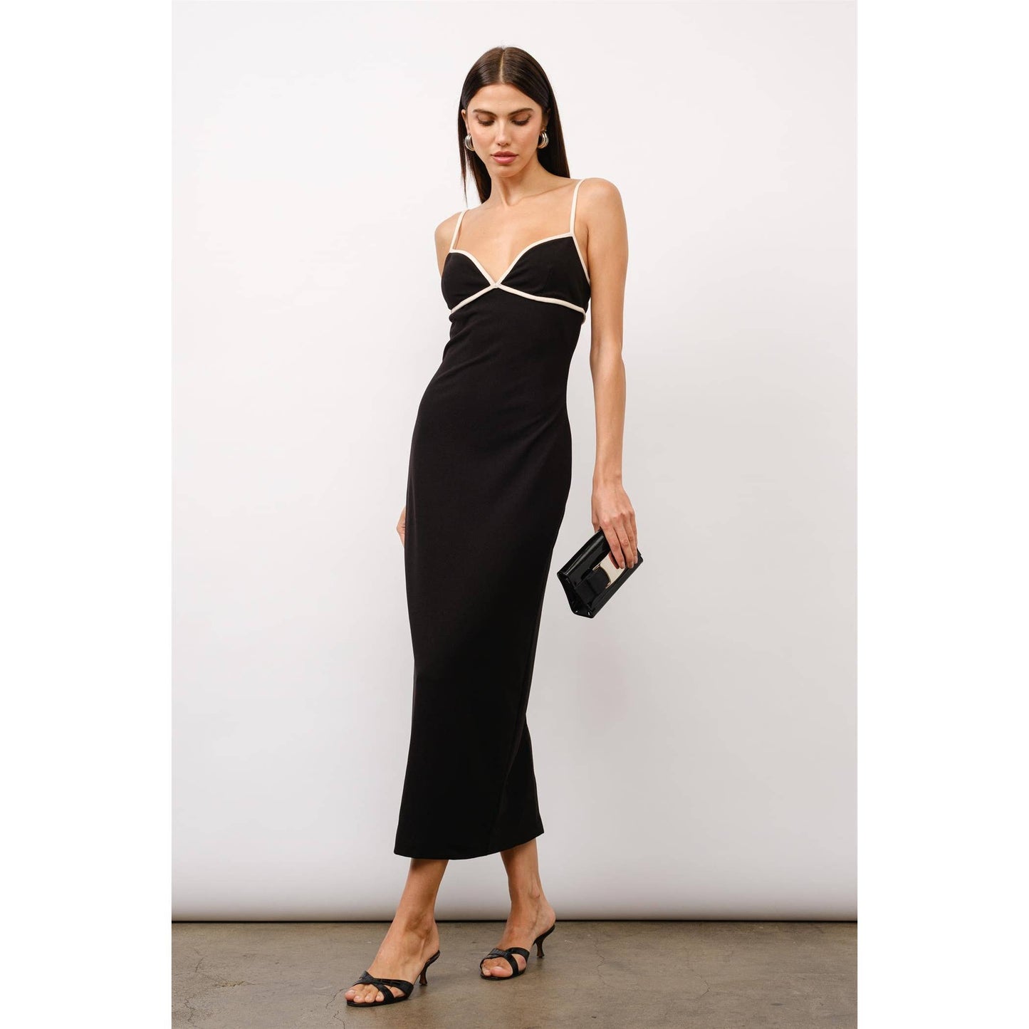 Black Crepe Maxi Dress with Contrast Trim