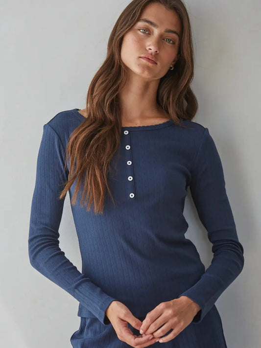 Pointelle Knit Henley Long Sleeve Top