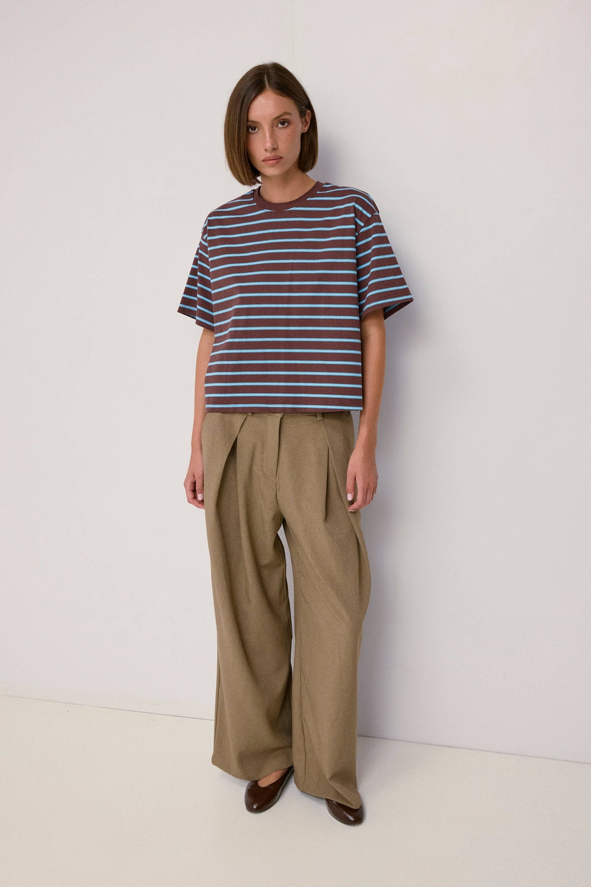 Brown and Light Blue Striped Relaxed Tee