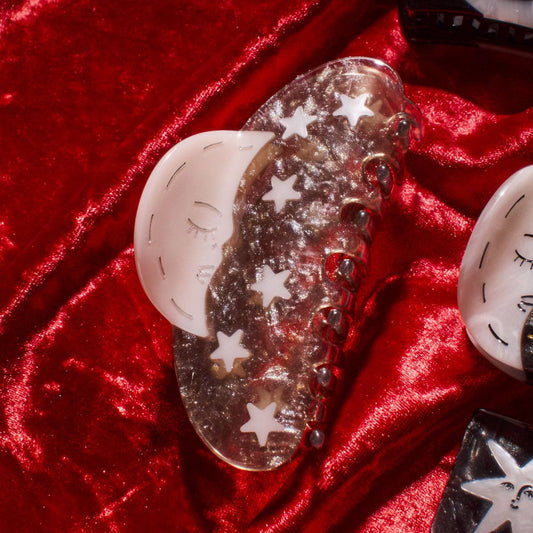 Silver Sparkle Acetate Moon and Stars Astrology Hair Claw