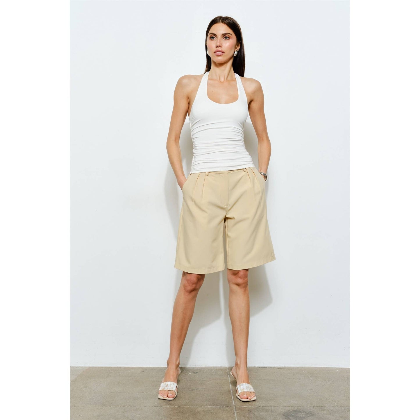 Yellow Pleated Bermuda Shorts