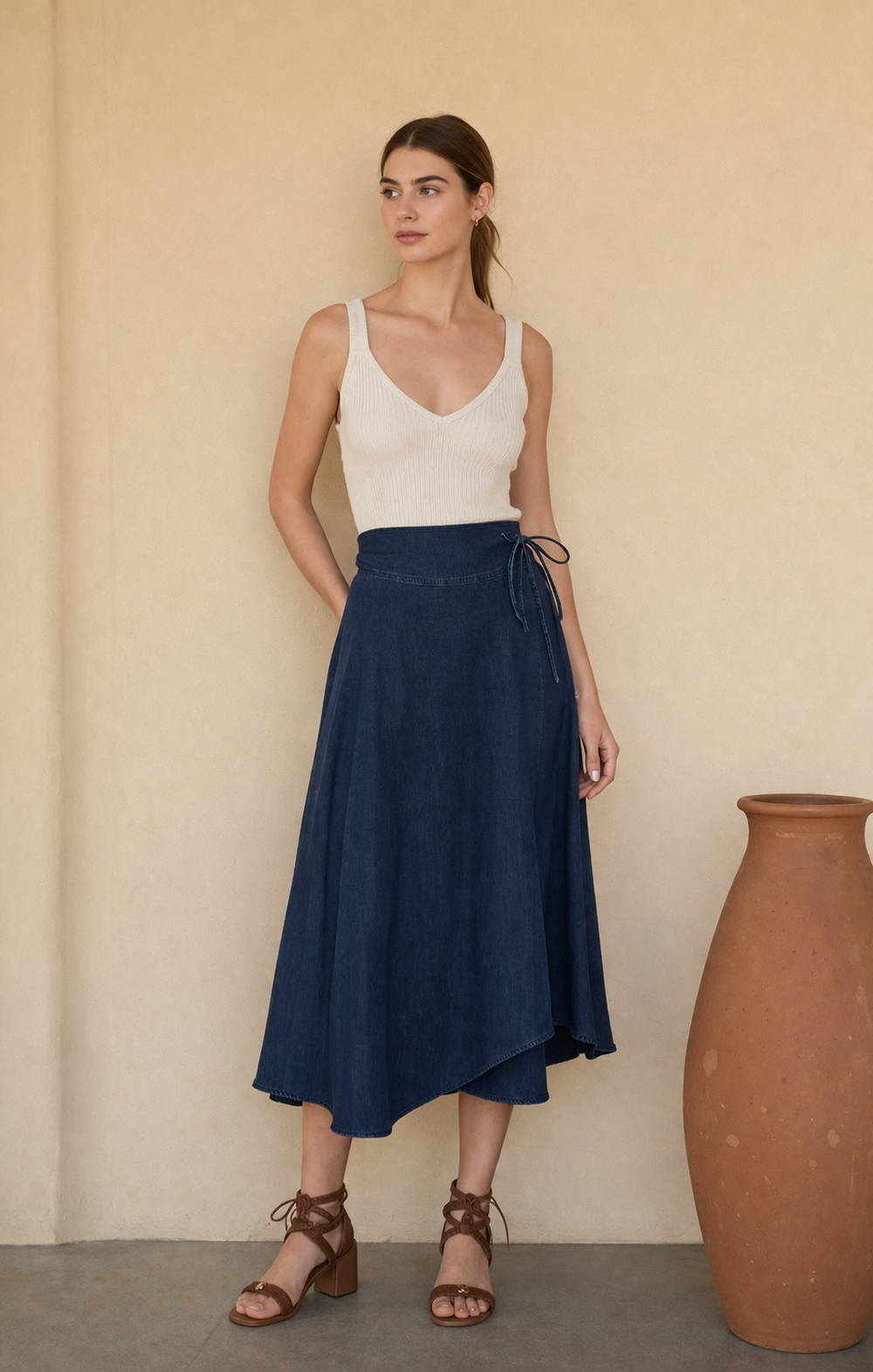 Denim Asymmetric Wrap Midi Skirt