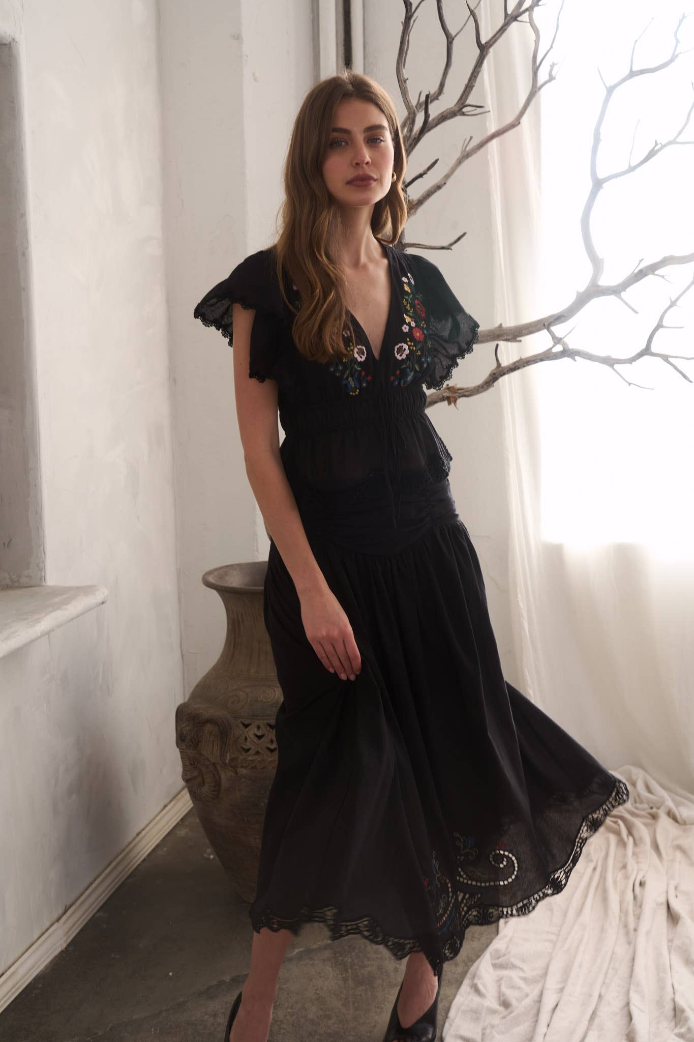 Black Embroidered Ruffle Sleeve Top