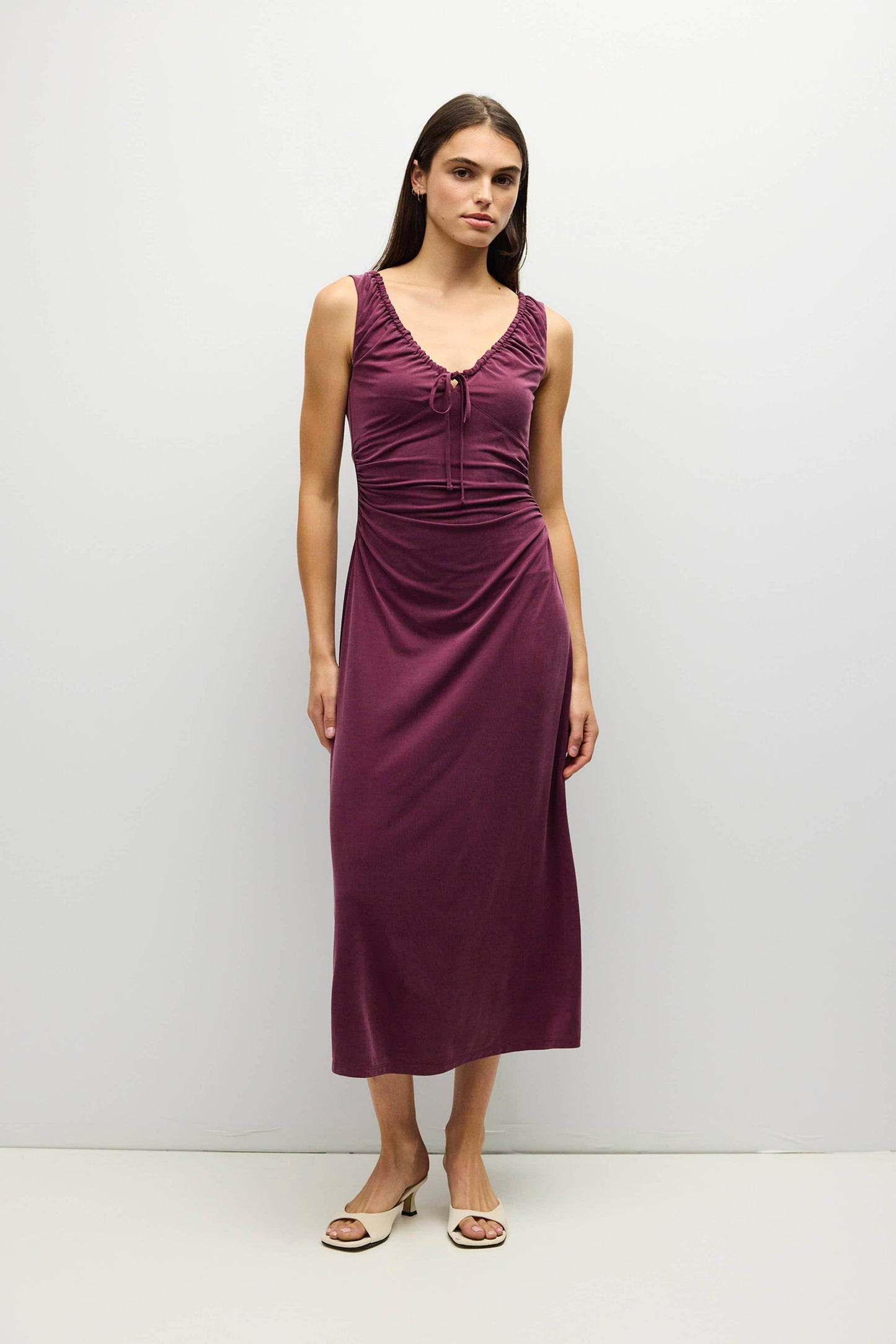 V-Neck Ruched Knit Midi Dress