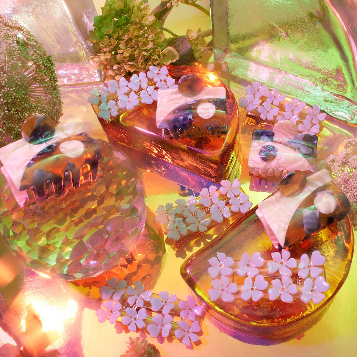 Flower Alligator Hair Clip in Light Blue and Gold Acetate