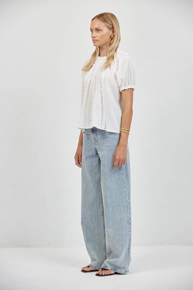 White Woven Cotton Short Sleeve Ruffle Top