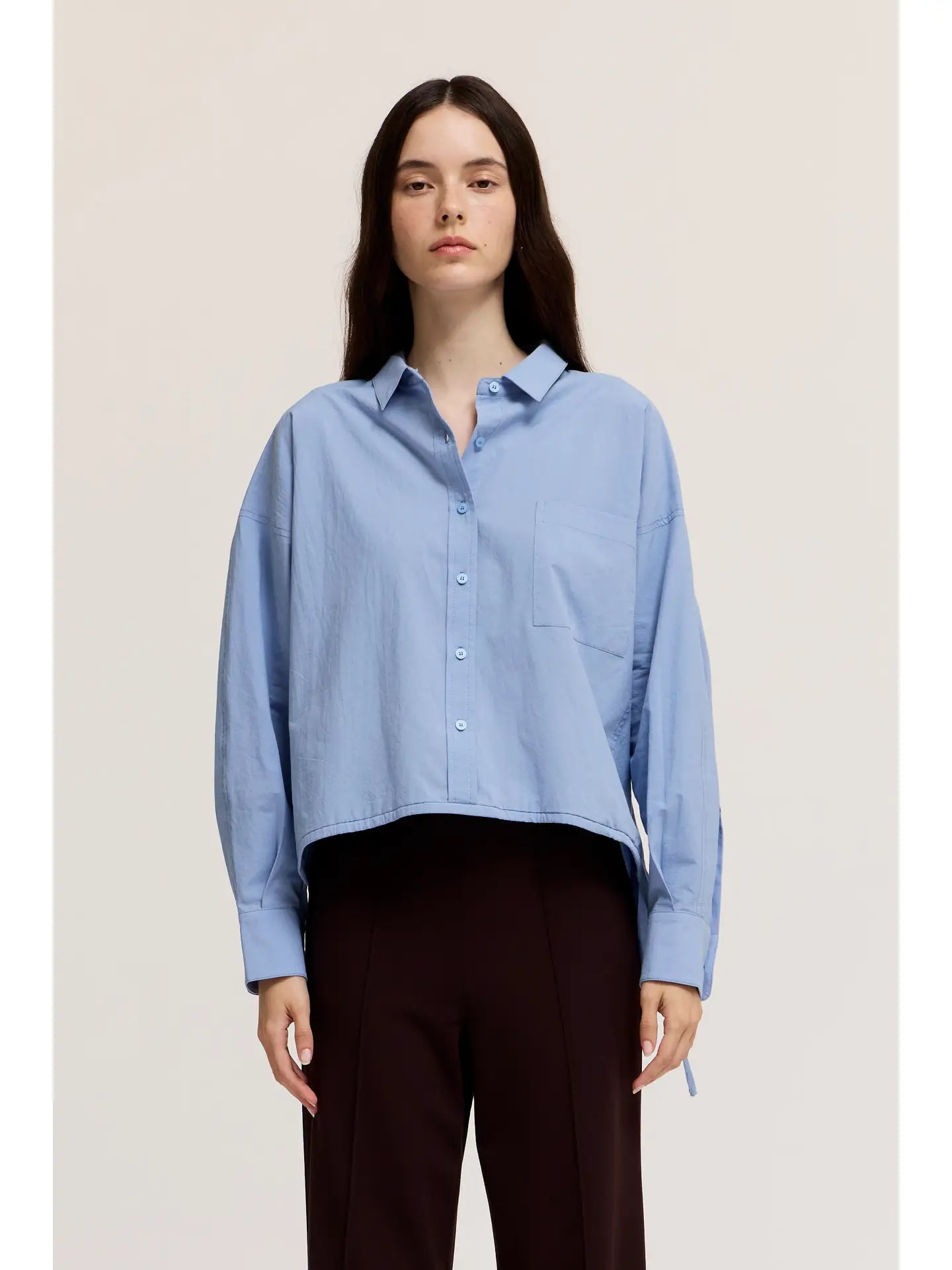 Drawstring Hem Crinkled Cotton Shirt