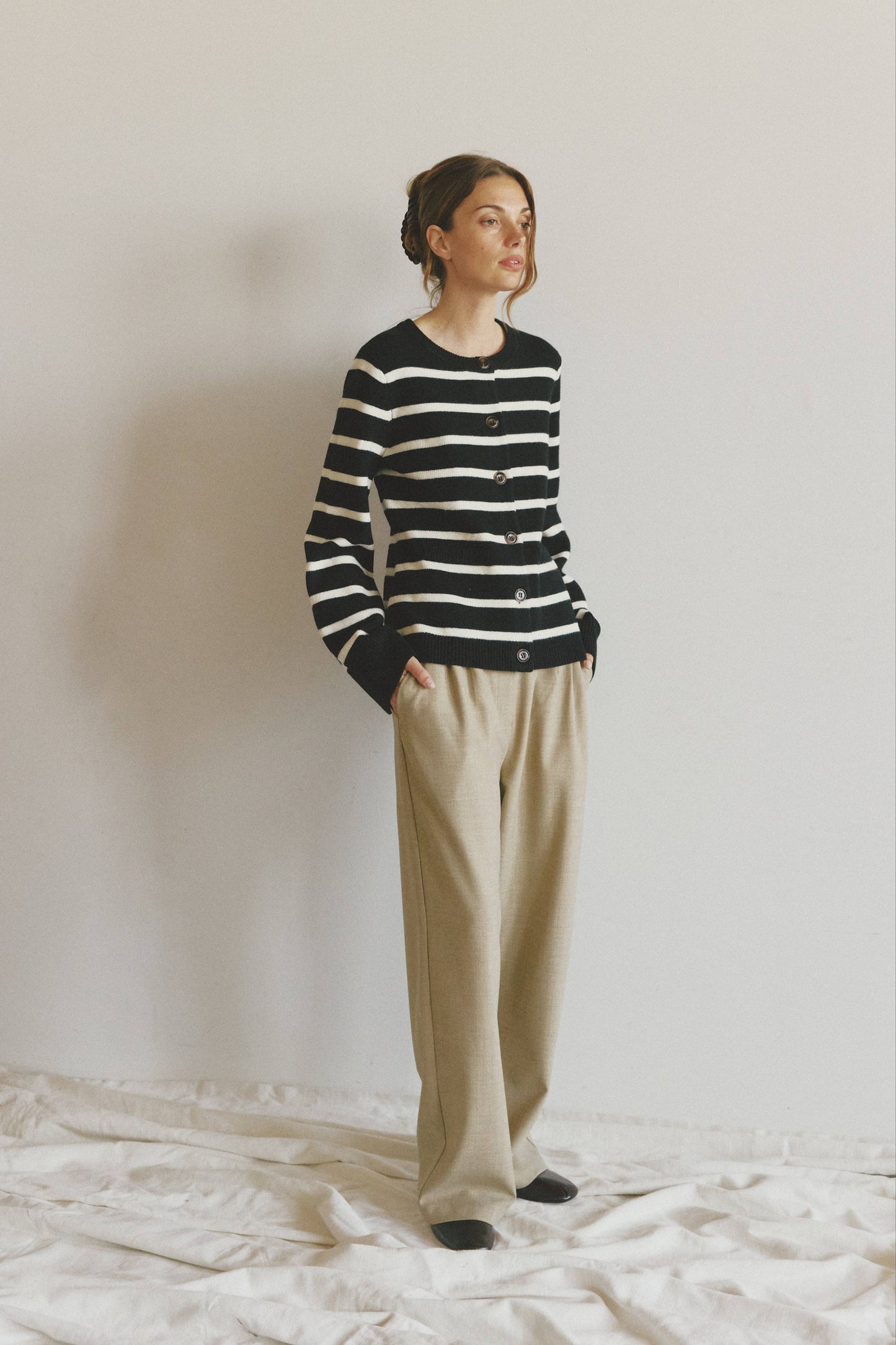 Black Striped Bell Sleeve Buttoned Cardigan