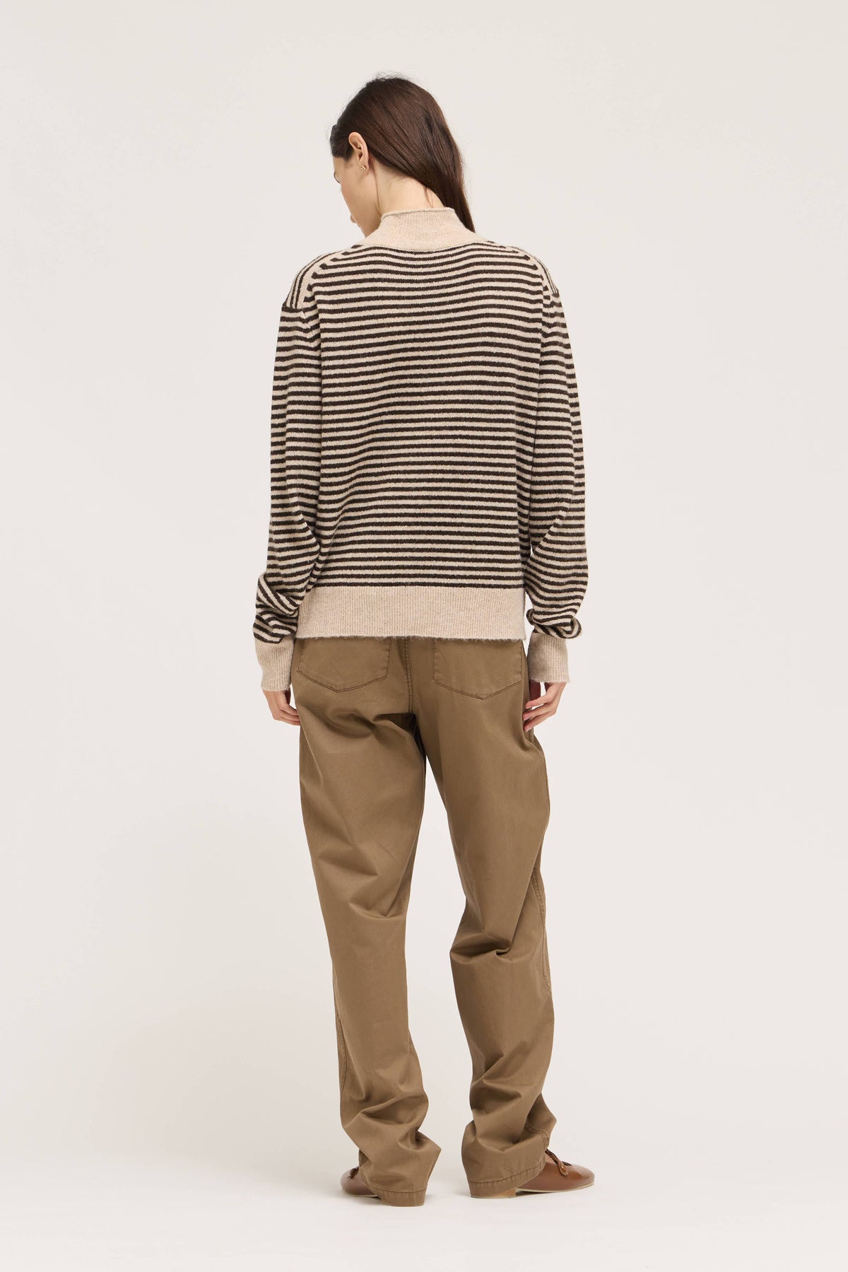 Brown Striped Mock Neck Button Cardigan