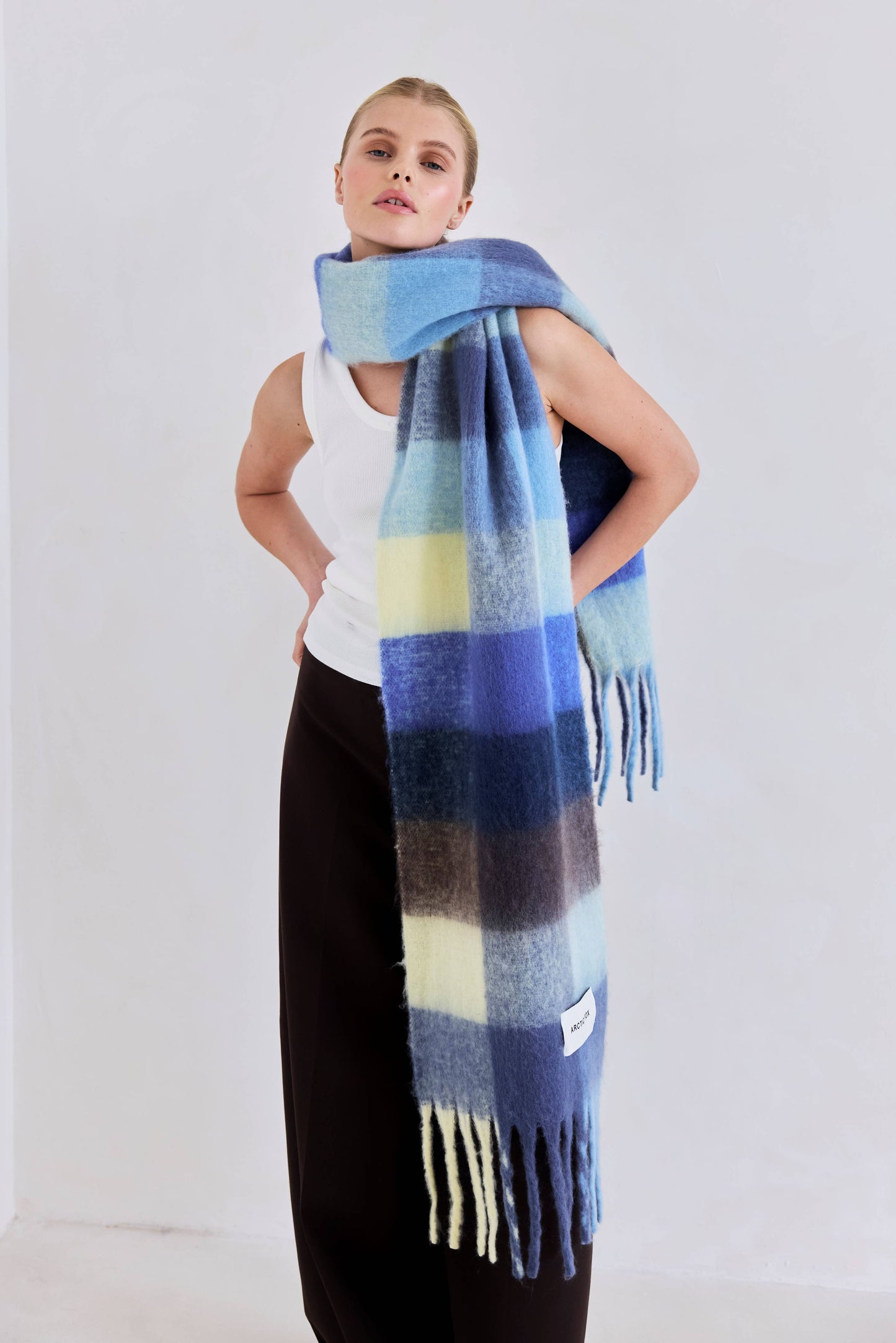 Blue Yellow Brushed Plaid Oversized Scarf
