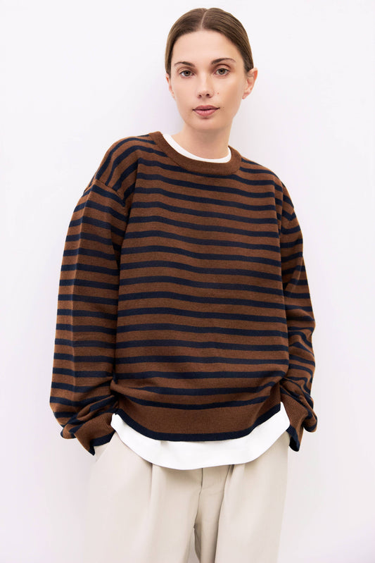 Brown Navy Striped Boyfriend Sweater