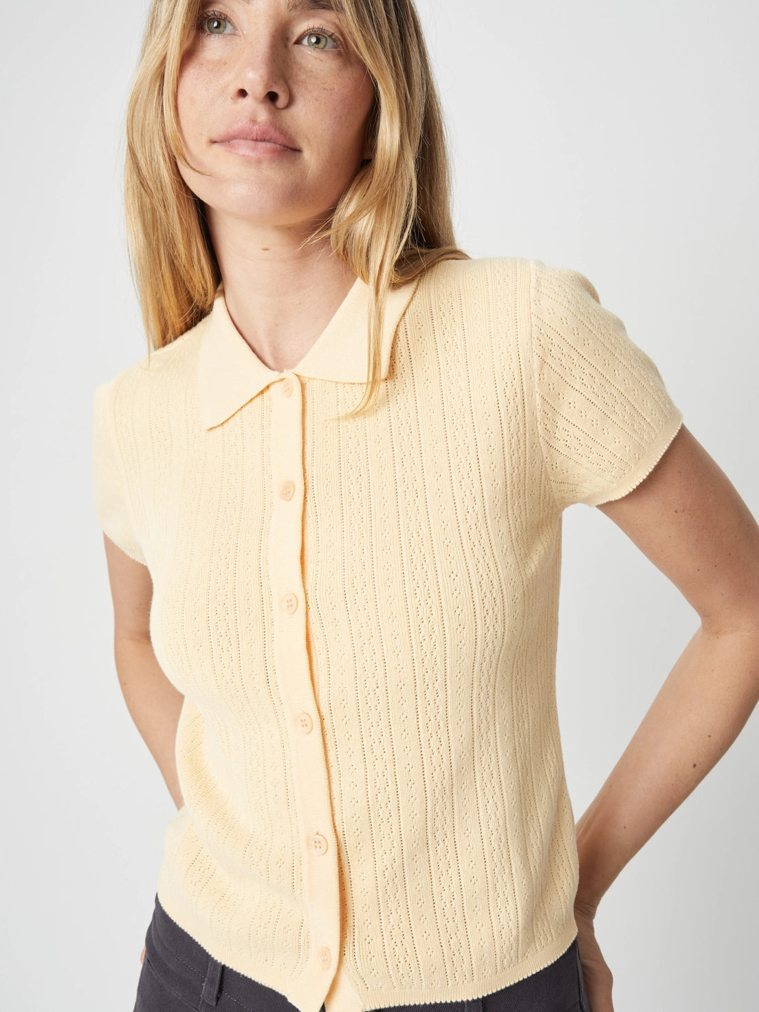 Pointelle Collared Button Top
