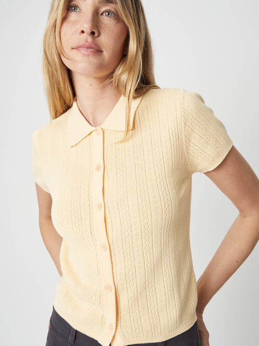 Pointelle Collared Button Top