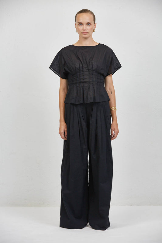 Black Cinched Waist Linen Top