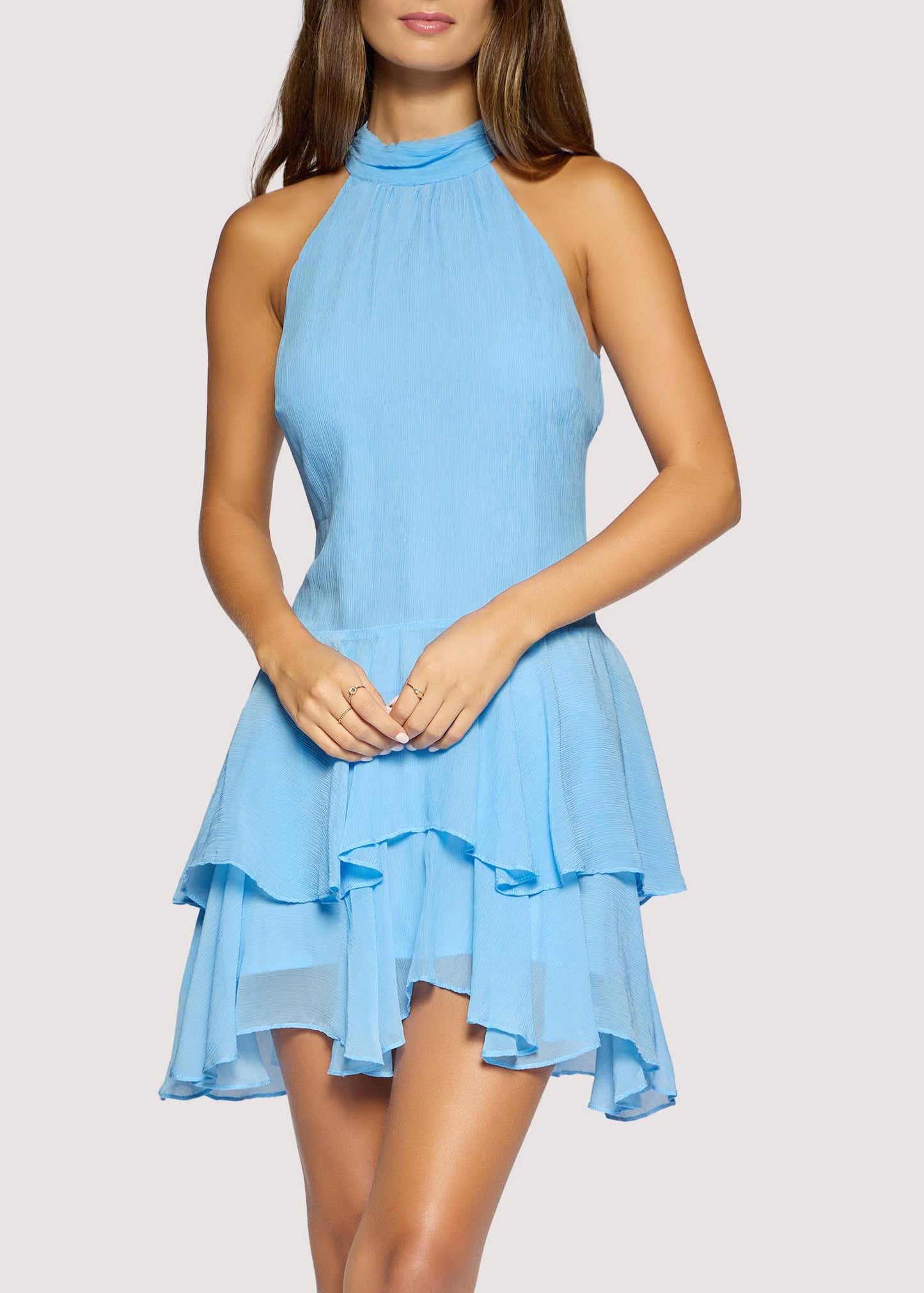 Sky Blue Ruffle Halter Mini Dress
