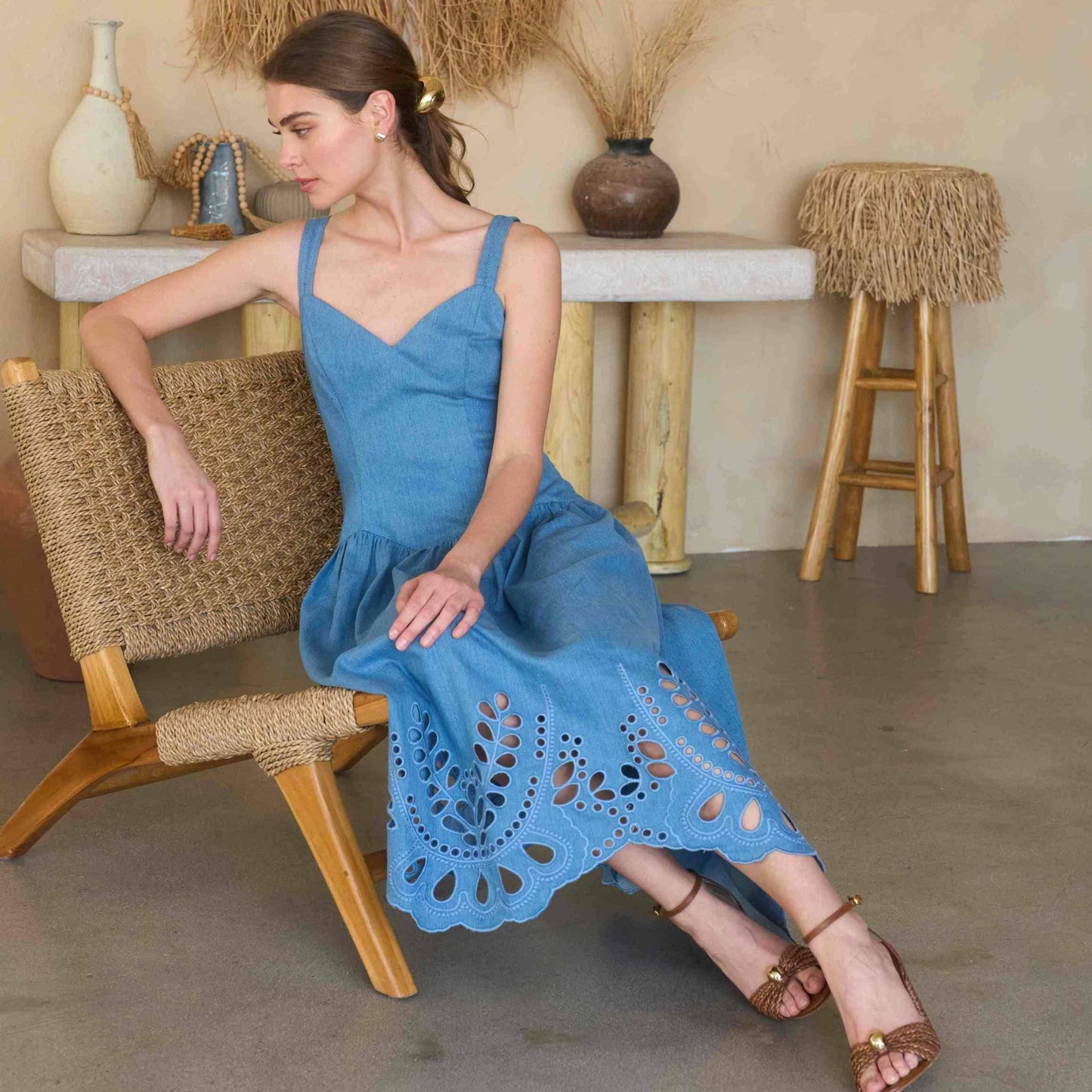 Denim V-Neck Eyelet Detail Midi Dress