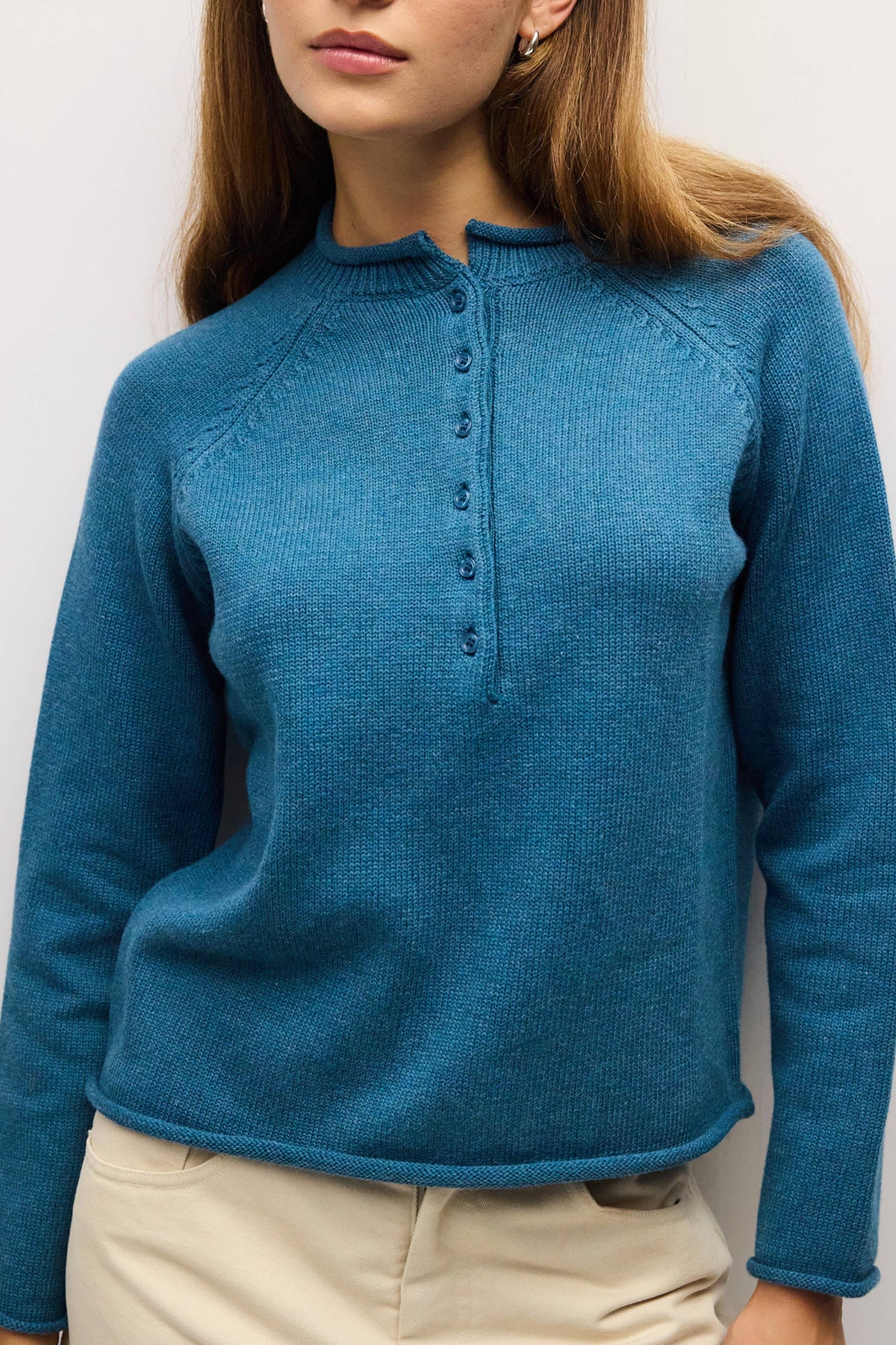 Teal Rolled Edge Henley Sweater