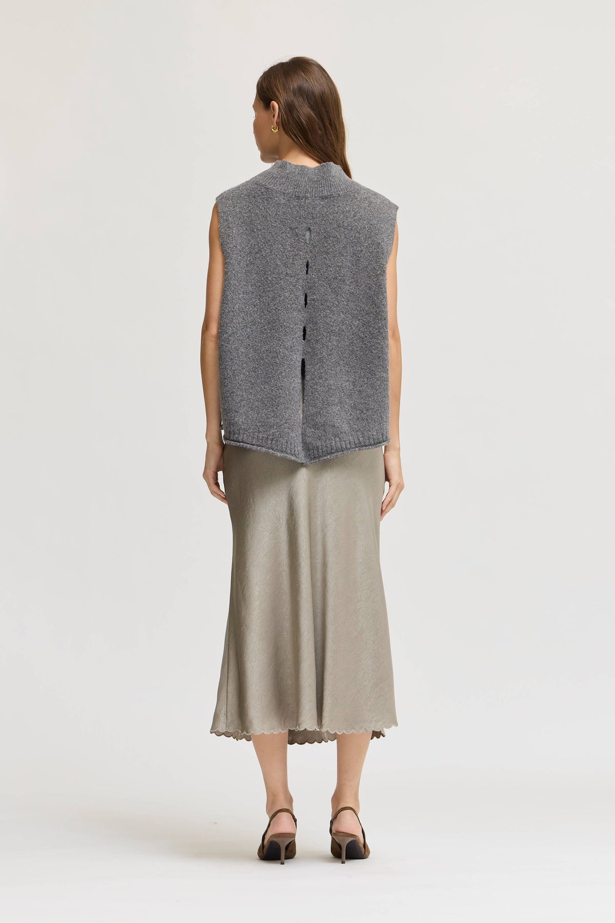 Light Taupe Scallop Hem Satin Midi Skirt