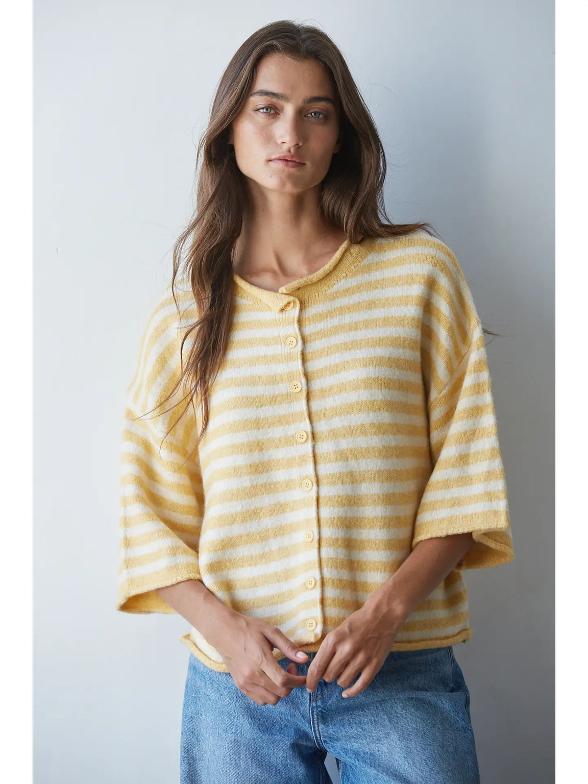 Yellow Striped Button-Up Cardigan