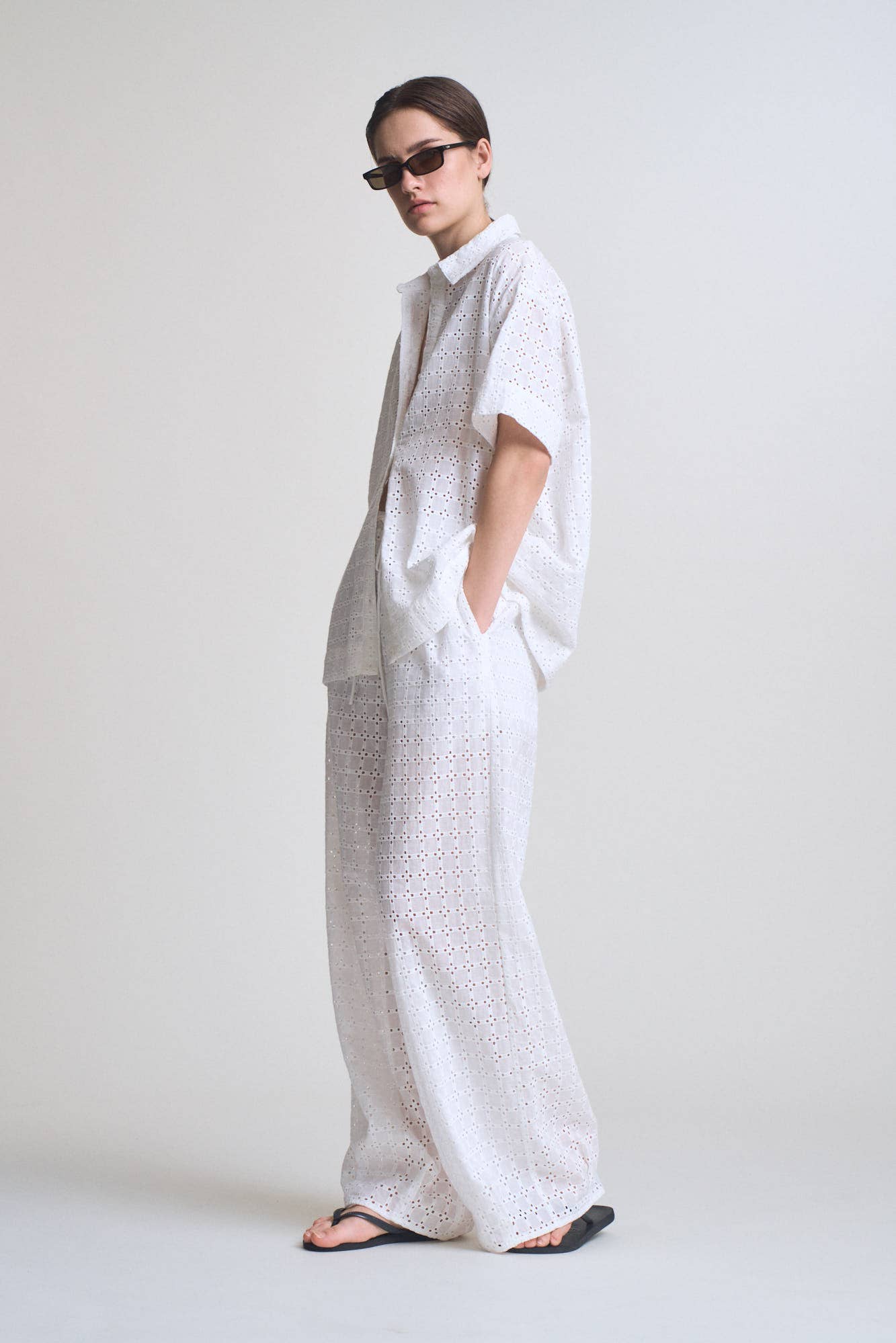 White Square Eyelet Short Sleeve Shirt