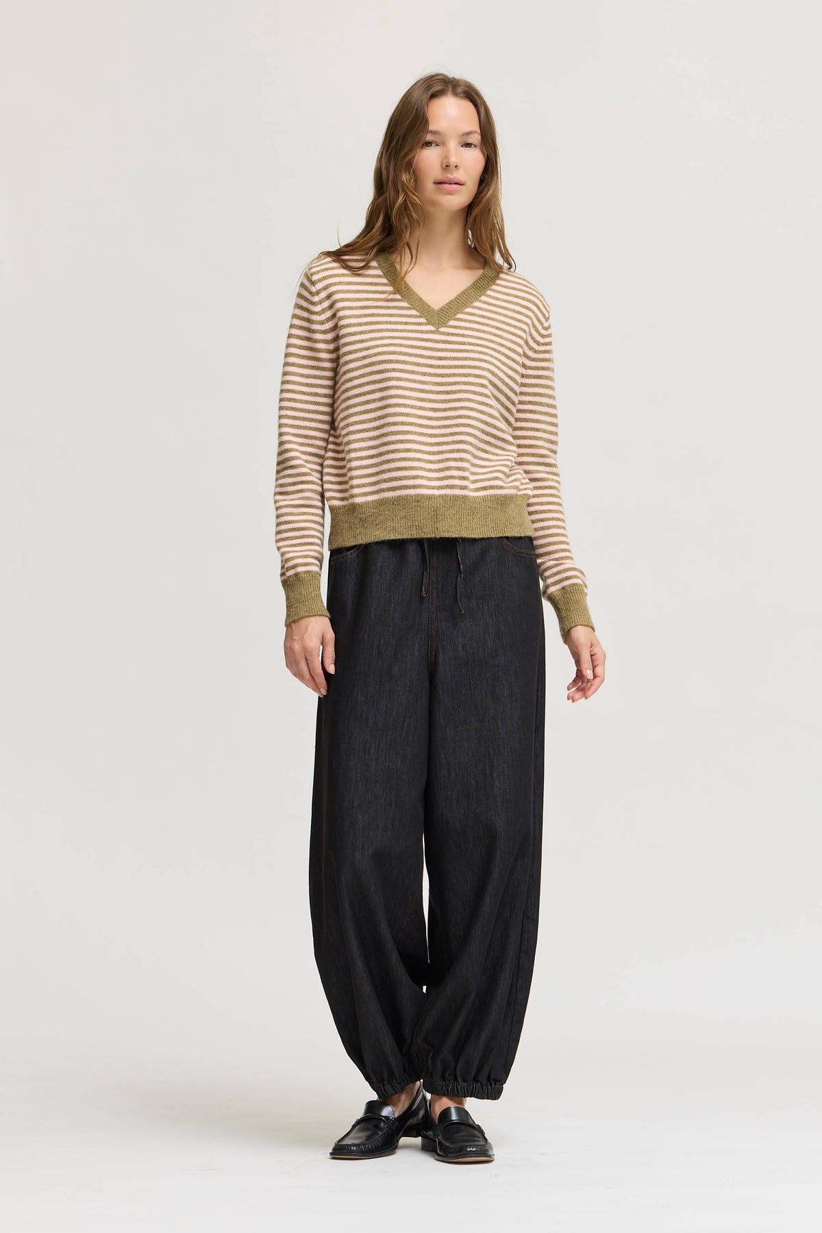Sage Pink Striped V-Neck Pullover