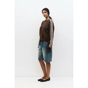 Knit Boucle Striped Sleeve Zip-Up Jacket